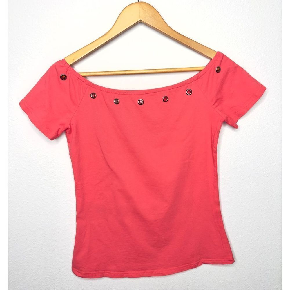 New York & Company Womens Pink Metal Eyelet Short Sleeve Crop Top Shirt Small